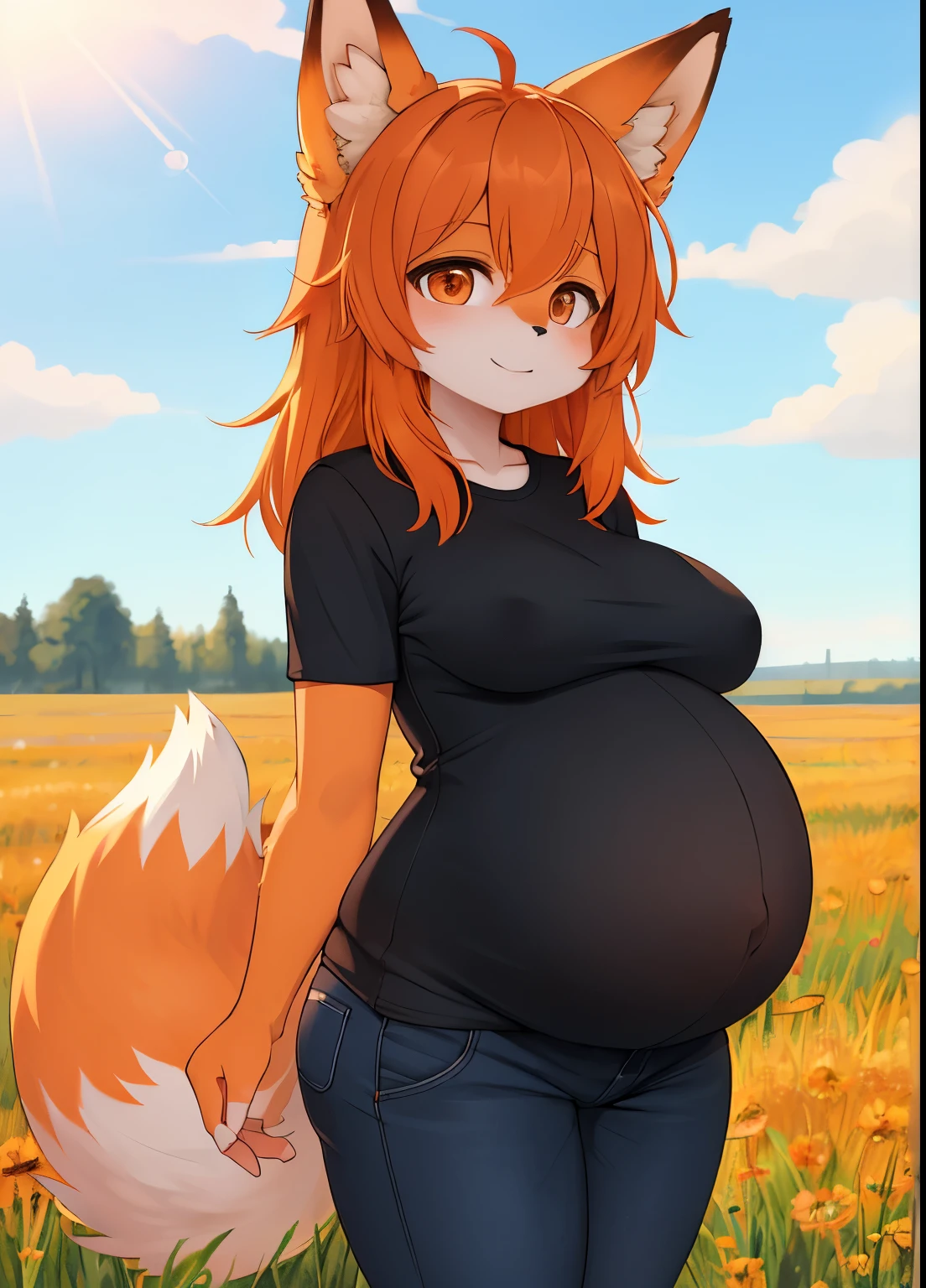 (masterpiece:1.2, best quality), (centered image composition), 1girl, solo orange hair, orange fluffy fox ears, fully clothed, background, field of depth, front_light, pregnant, five fingers