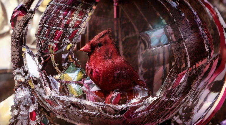 (best quality,4k,8k,highres,masterpiece:1.2),ultra-detailed,(realistic,photorealistic,photo-realistic:1.37),  Add a Happy birthday letter on card, (realistic:1.5), (Three-dimensional Brown and red bird sitting on tree branch trapped in a large crystal ball with a pedestal :1.7), New Years background,