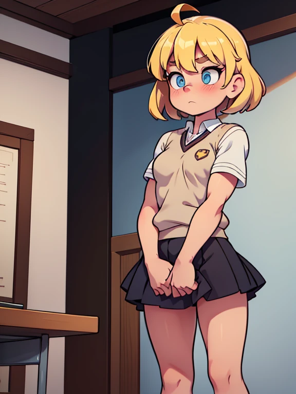 Modest, shy, infinitely sweet and pretty, athletic, strong, pumped-up girl of 17 years, blonde with short hair, ahoge, with small neat firm breasts, with prominent muscles(Beautiful developed muscles), in a strict school uniform with a long black skirt, full-length, maximum detail, absolute photorealism