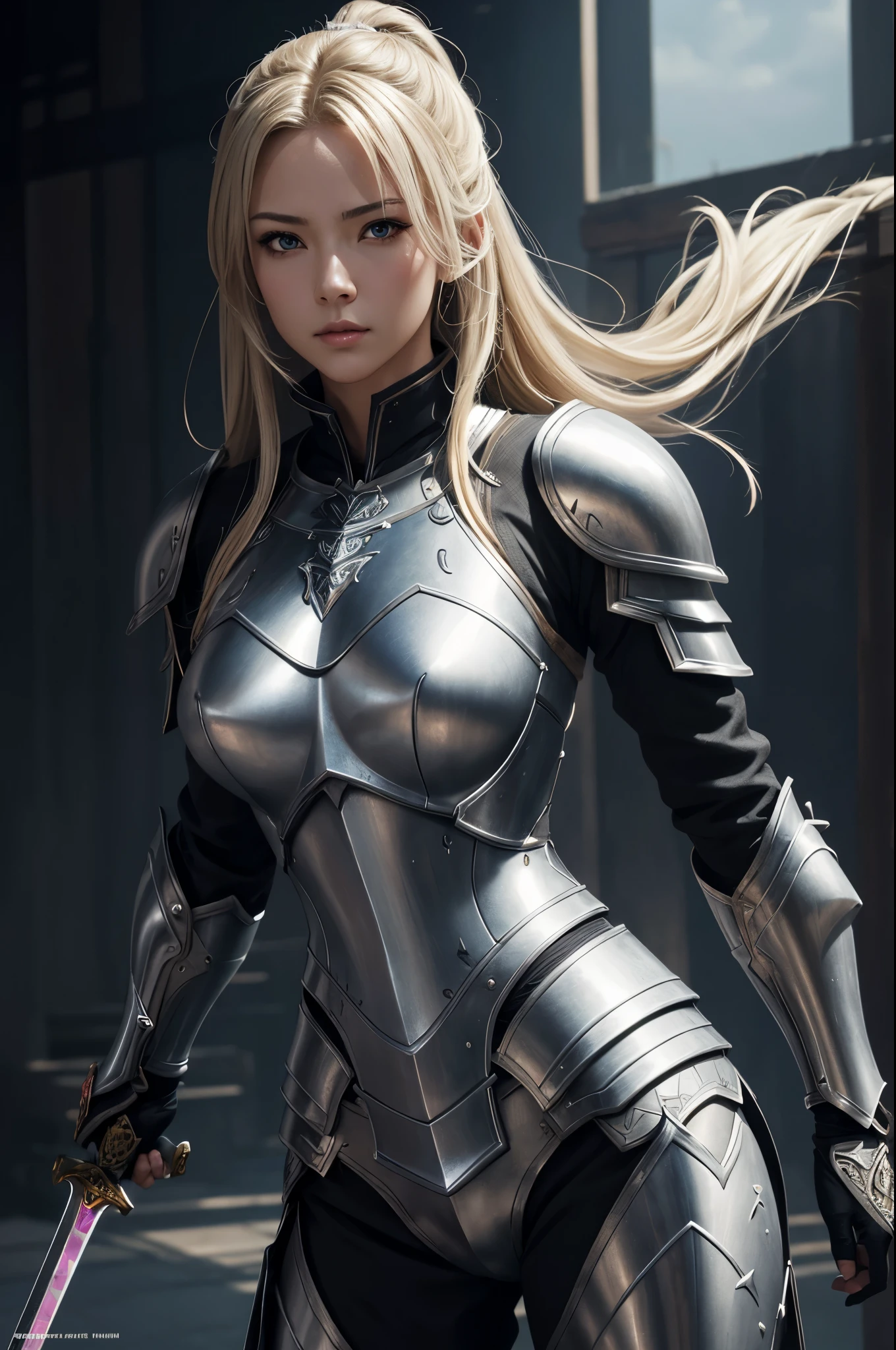 8k,Arafe woman in armor holding a sword, Gorgeous Female Paladin, チェンウェイ パン オン art stations, artgerm julie bell beeple, cinematic goddess body shot, art stationsのトレンド, アレクサンドラ・フォミナ・art stations, a sexy blonde warrior, art stationsHDでトレンド, art stations,超A high resolution,A hyper-realistic,sexy black and silver chest armor,black and silver pants,Rugged look(Like the real thing),A hyper-realisticな肌,Precise sword details,
