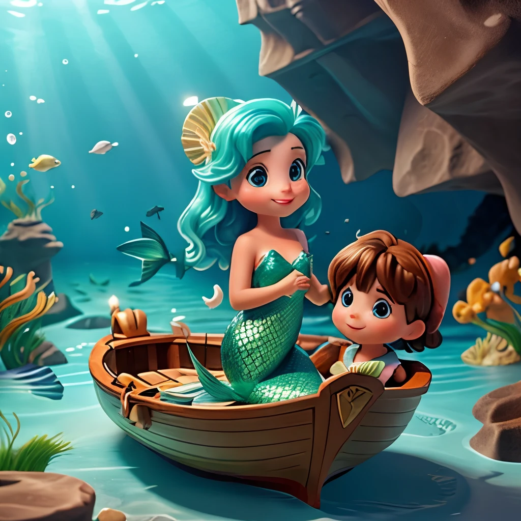 A mermaid between the sea and the surface and a sailor inside a little boat kissing the mermaid