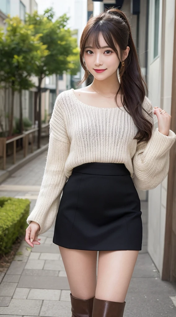 masutepiece, Best Quality, Illustration, Ultra-detailed, finely detail, hight resolution, 8K Wallpaper, Perfect dynamic composition, Beautiful detailed eyes, Women's Fashion Summer,Ponytail hair,Big Natural Color Lip, Bold sexy poses,Smile,Harajuku、20 years girl、Cute、Sexy shot looking at camera、Photographed at a distance。knit、flered skirt、boots