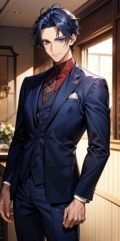 ((masutepiece)), ((Best Quality)), ((Brown skin)), ((dark blue eyes)), ((Dark blue hair))、Handsome man , ((Very short hair、No bangs、Forehead)), masculine、Tall、A sexy、Adult man、Sanpaku eyes、smirk、suits、handsome man