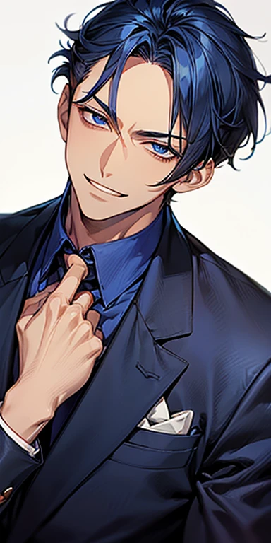 ((masutepiece)), ((Best Quality)), ((Brown skin)), ((dark blue eyes)), ((Dark blue hair))、Handsome man , ((Very short hair、No bangs、Forehead)), masculine、Tall、A sexy、Adult man、Sanpaku eyes、smirk、suits、handsome man