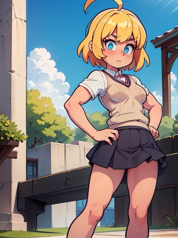 Modest, shy, infinitely sweet and pretty, athletic, strong, pumped-up girl of , blonde with short hair, ahoge, with small neat firm breasts, with prominent muscles(Beautiful developed muscles), in a strict school uniform with a long black skirt, full-length, maximum detail, absolute photorealism, free pose