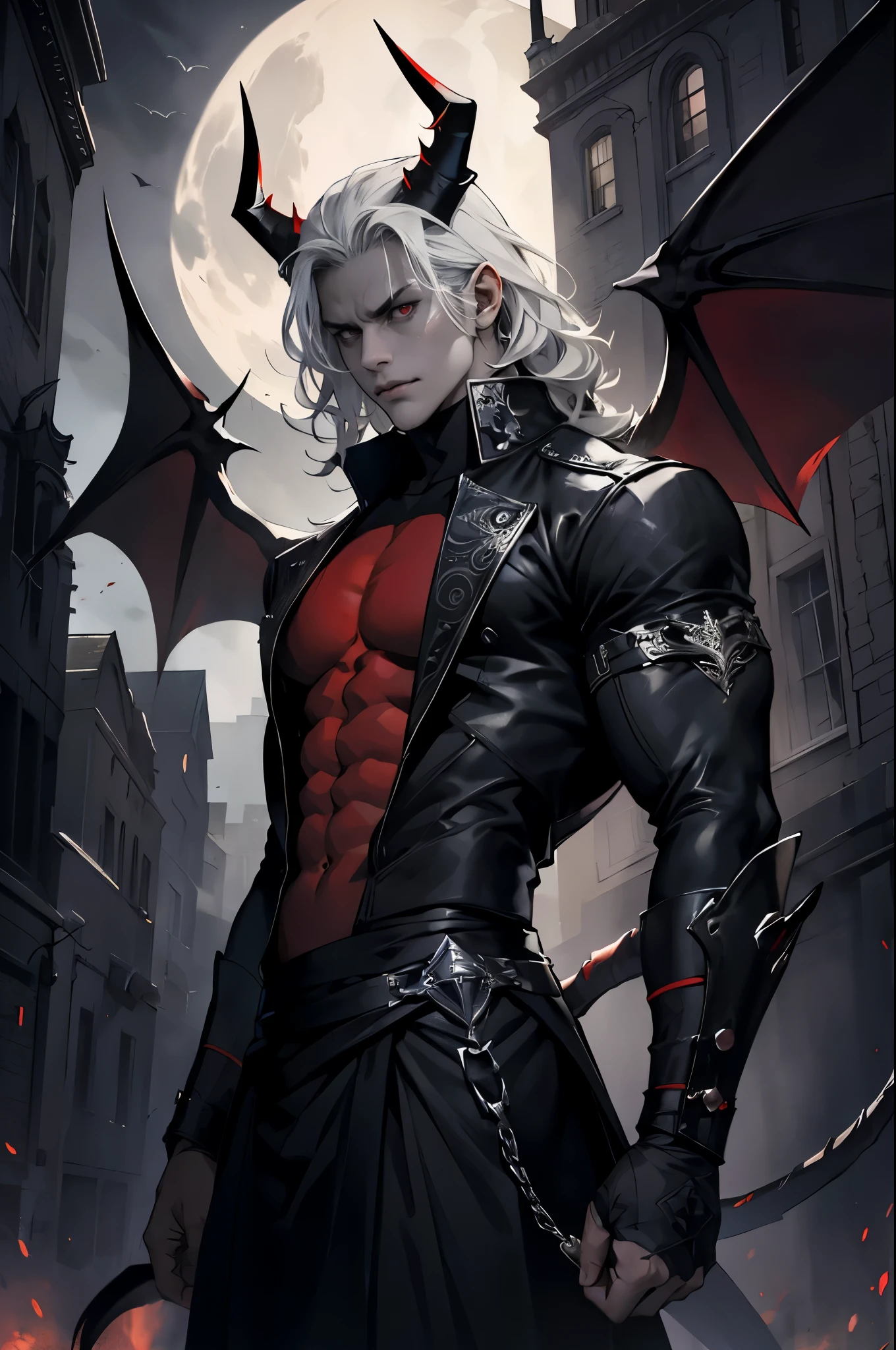 1 boy, Perfect male figure, The demons, scowling, the night. 额头上长出角和卷发的The demons, red eyes, The demons的尾巴, gray skin tone, wings, Horror theme, dark fantacy, depth of fields, Non-human, Meticulous, ultra - detailed,Eyes looking at the camera, city the night view, half-body photo