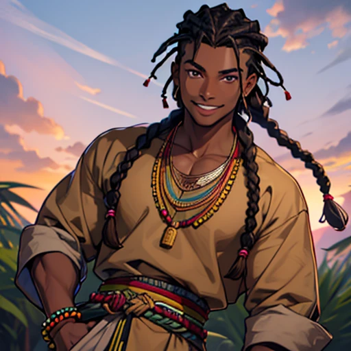 Boy, man, adult, very dark skin, black, african, long hair, braids, undercut, dark hair, lilac eyes, earthy clothing, green shirt, brown clothes, pinks clothes, casual, smiling, friendly, beaded bracelets, beded braids, hips beads, tall, masculine, african clothing, full lips, tall