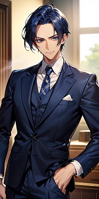 ((masutepiece)), ((Best Quality)), ((Brown skin)), ((dark blue eyes)), ((Dark blue hair))、Handsome man , ((very short hair、No bangs、Forehead)), masculine、Tall、A sexy、Adult man、Sanpaku eyes、smirk、suits、handsome man