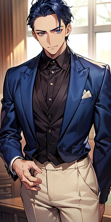 ((masutepiece)), ((Best Quality)), ((Brown skin)), ((dark blue eyes)), ((Dark blue hair))、Handsome man , ((very short hair、No bangs、Forehead)), masculine、Tall、A sexy、Adult man、Sanpaku eyes、smirk、suits、handsome man