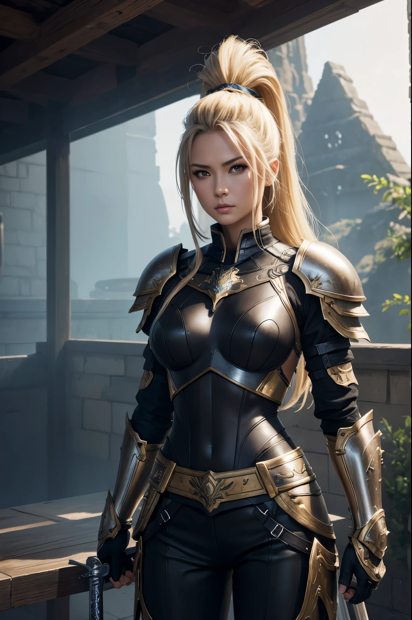 8k,Arafe woman in armor holding a sword, Gorgeous Female Paladin, チェンウェイ パン オン art  stations, artgerm julie bell beeple, cinematic goddess body shot, art  stationsのトレンド, アレクサンドラ・フォミナ・art  stations, sexy blonde mohawk warrior, art  stationsHDでトレンド, art  stations,超A high resolution,A hyper-realistic,chest armor with sexy black,pants with black,Rugged look(Like the real thing),A hyper-realisticな肌,Precise sword details,