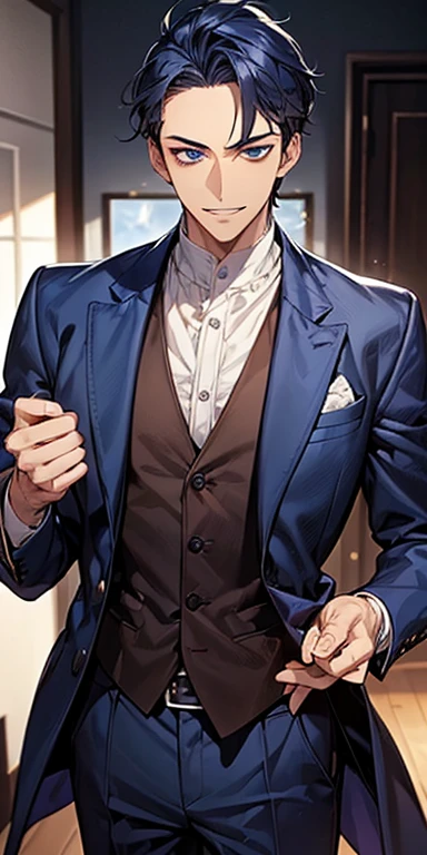 ((masutepiece)), ((Best Quality)), ((Brown skin)), ((dark blue eyes)), ((Dark blue hair))、Handsome man , ((very short hair、No bangs、Forehead)), masculine、Tall、A sexy、Adult man、Sanpaku eyes、smirk、suits、handsome man
