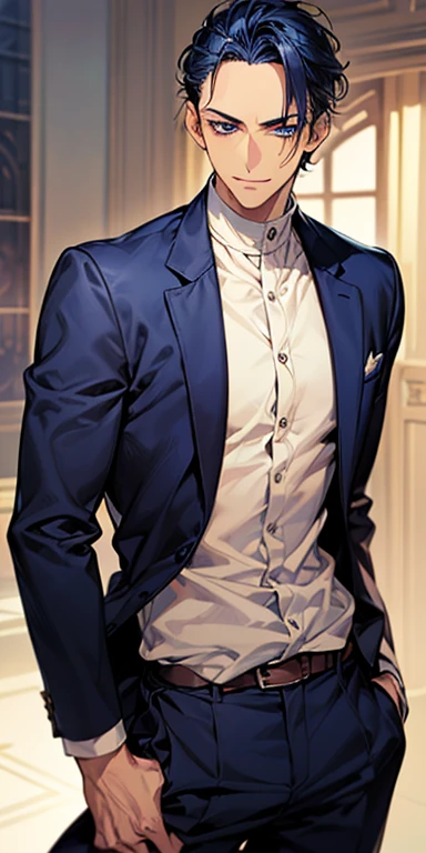 ((masutepiece)), ((Best Quality)), ((Brown skin)), ((dark blue eyes)), ((Dark blue hair))、Handsome man , ((very short hair、No bangs、Forehead)), masculine、Tall、A sexy、Adult man、Sanpaku eyes、smirk、suits、handsome man