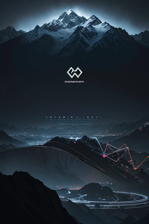 black and dark background, landscape and mountains, with circuits of digital processor, stylized sketched darkest colours, logo science with electron and digital electronic circuit, by  alex1shved,  graphic vector, contour, white border background