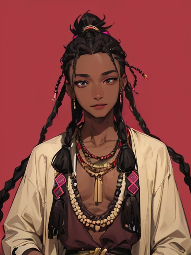 Boy, man, adult, very dark skin, black, african, long hair, braids, undercut, dark hair, lilac eyes, earthy clothing, green shirt, brown clothes, pinks clothes, casual, smiling, friendly, beaded bracelets, beded braids, hips beads, tall, masculine, african clothing, full lips, tall