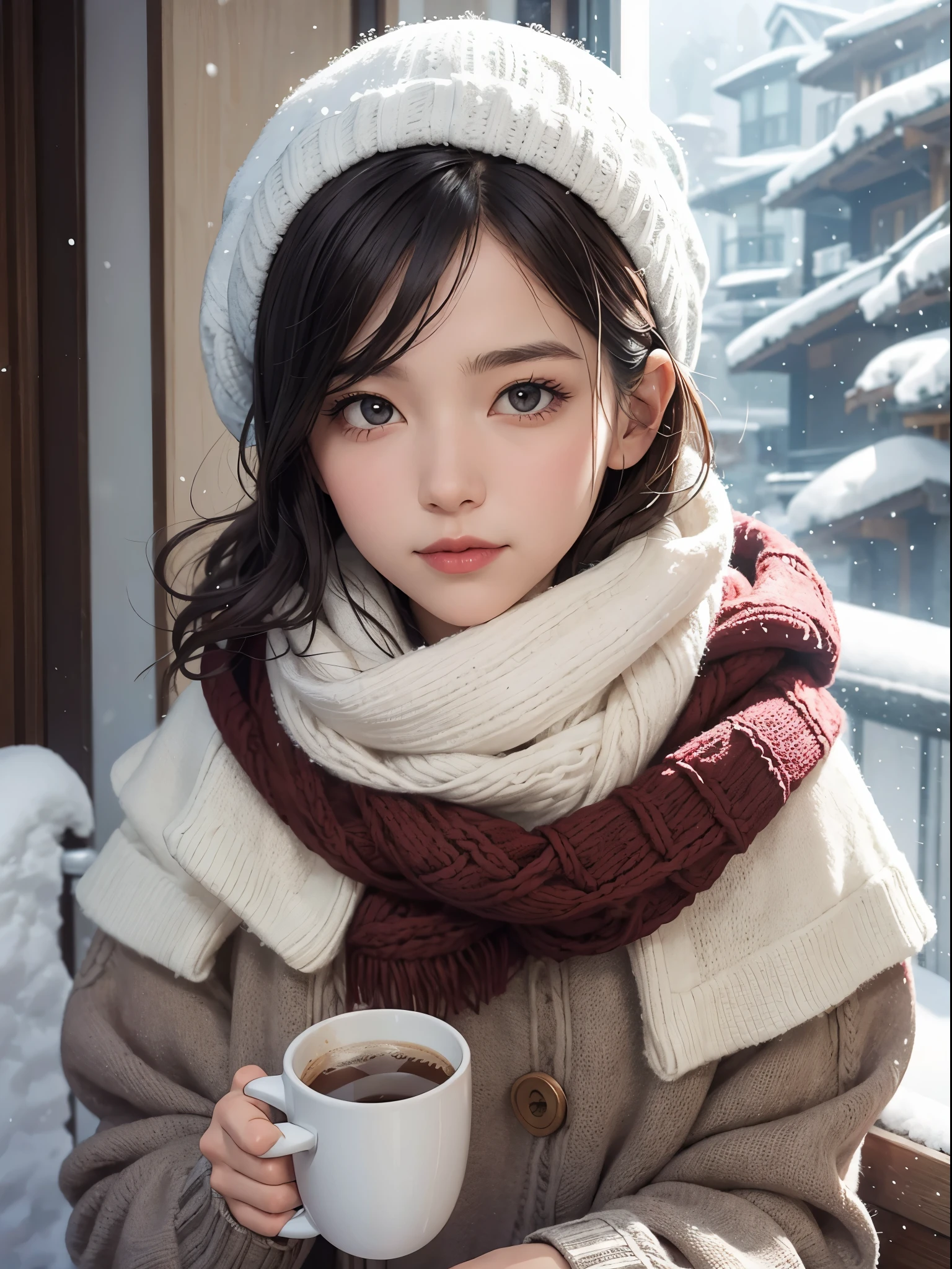 1 girl, short hairs, scarf, sweater, snow, window, snowfall, close up, looking at viewer, drinking coffee, steam