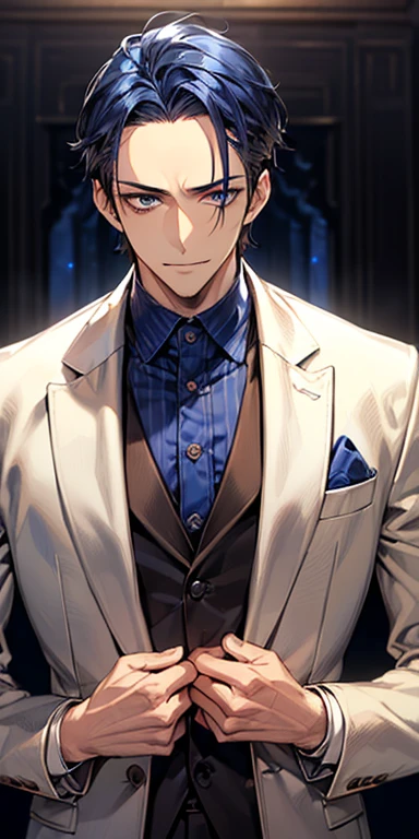 ((masutepiece)), ((Best Quality)), ((Brown skin)), ((dark blue eyes)), ((Dark blue hair))、Handsome man , ((very very short hair、No bangs、Forehead)), masculine、Tall、A sexy、Adult man、Sanpaku eyes、smirk、suits、handsome man