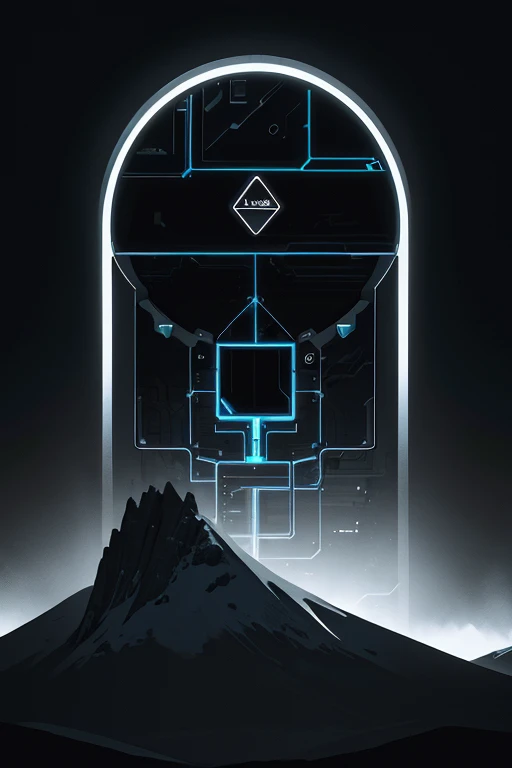 black and dark background, landscape and mountains, with circuits of digital processor, stylized sketched darkest colours, logo science with electron and digital electronic circuit, by  alex1shved,  graphic vector, contour, white border background