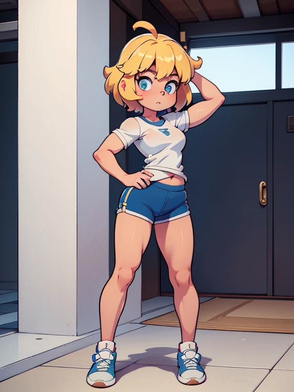 Modest, shy, infinitely sweet and pretty, athletic, strong, pumped-up girl of , blonde with short hair, ahoge, with small neat firm breasts, with prominent muscles(Beautiful developed muscles), in a white t-shirt, blue shorts and sneakers, full-length, maximum detail, absolute photorealism, free pose