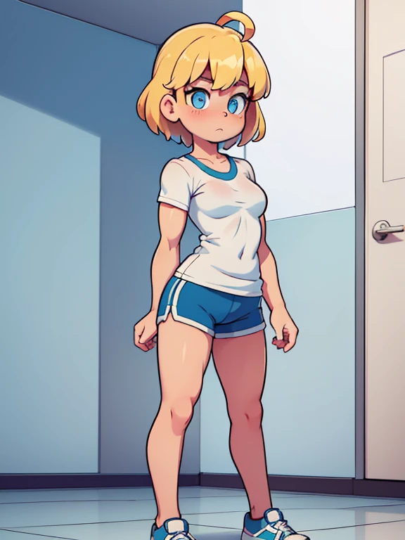 Modest, shy, infinitely sweet and pretty, athletic, strong, pumped-up girl of 17 years, blonde with short hair, ahoge, with small neat firm breasts, with prominent muscles(Beautiful developed muscles), in a white t-shirt, blue shorts and sneakers, full-length, maximum detail, absolute photorealism, free pose