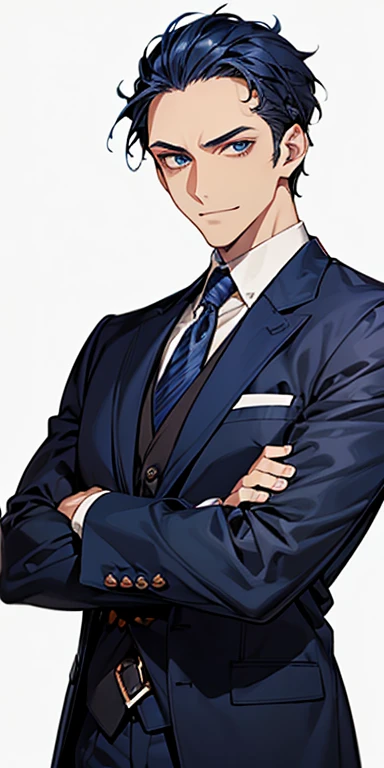 ((masutepiece)), ((Best Quality)), ((Brown skin)), ((dark blue eyes)), ((Dark blue hair))、Handsome man , ((very short hair、No bangs、Forehead)), masculine、Tall、A sexy、Adult man、Sanpaku eyes、smirk、suits、handsome man、Kowamote