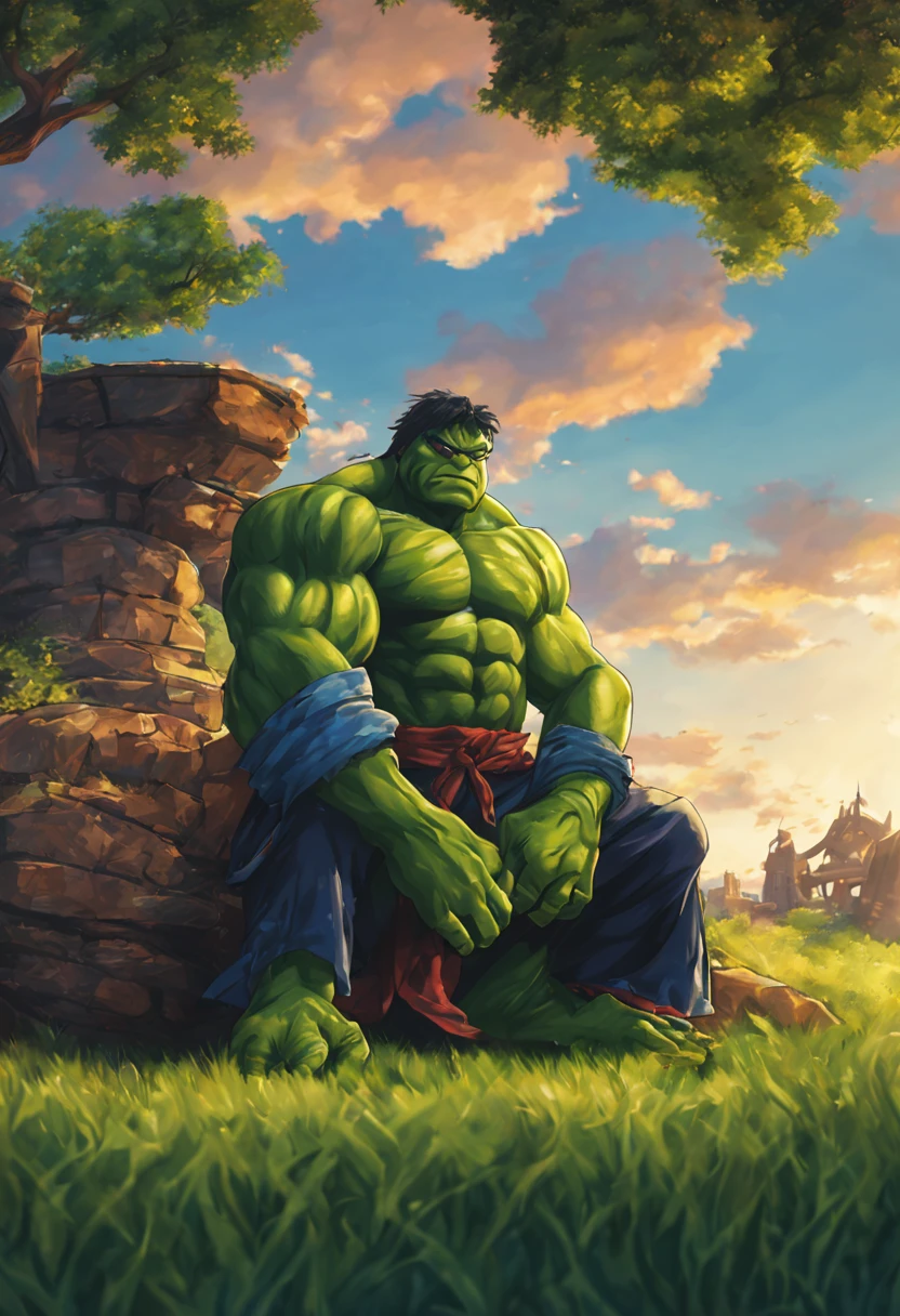 UHD,anime,green Hulk and ninja turtle standing face to face,blue sky,green grass