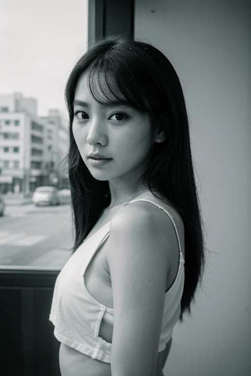 Photo of a Beautiful Korean kpop idol Woman, Summer, film grain, Ilford HP5, 80mm