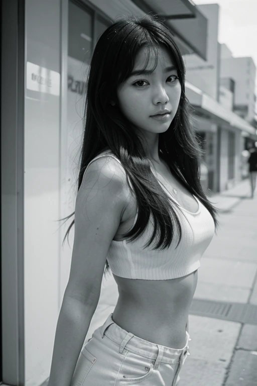 Photo of a Beautiful Korean kpop idol Woman, Summer, film grain, Ilford HP5, 80mm