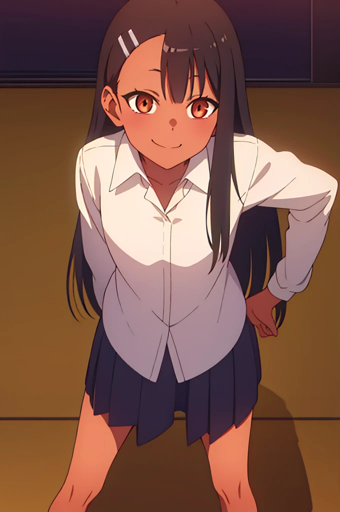 1girl, solo, sitting, classroom, masterpiece, professional artwork, famous artwork, perfect face, perfect brown eyes, (glowing eyes:1.1), nagatoro hayase, hair ornament, hairclip, dark skin, black hair, white tight shirt, school skirt, evil smile, evil eyes, ((perfect female body, narrow waist)).