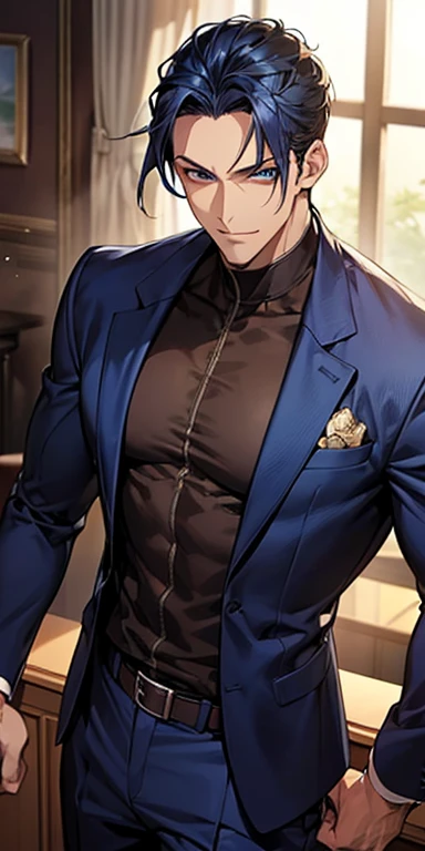 ((masutepiece)), ((Best Quality)), ((Brown skin)), ((dark blue eyes)), ((Dark blue hair))、Handsome man , ((very short hair、No bangs、Forehead)), masculine、Tall、A sexy、Adult man、Sanpaku eyes、smirk、suits、handsome man、Kowamote、firmly、well-muscled、broad shoulders