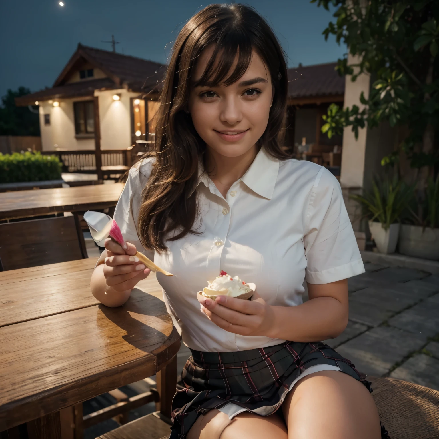 (8k, RAW photo, best quality, masterpiece: 1.2), (realistic, photo-realistic: 1.37), ultra-detailed, 1 girl, cute, solo, beautiful detailed sky, detailed coffee, night, sitting, (flushed nose), (smile: 1.1), (mouth closed), medium breasts, beautiful detailed eyes, (collared shirt: 1.1), bow tie, pleated skirt, (short hair: 1.2), long hair, taking big ice cream,