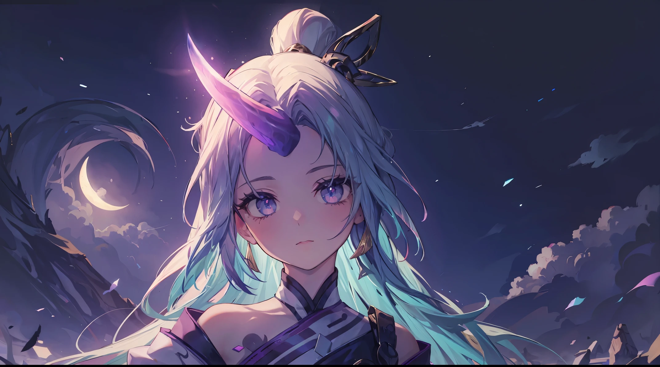 one girls, neon eyes, One horn on the forehead, Moon In Background, 8K quality, Best Quality, hairlong, a beautiful background, 1920x1080 resolution,