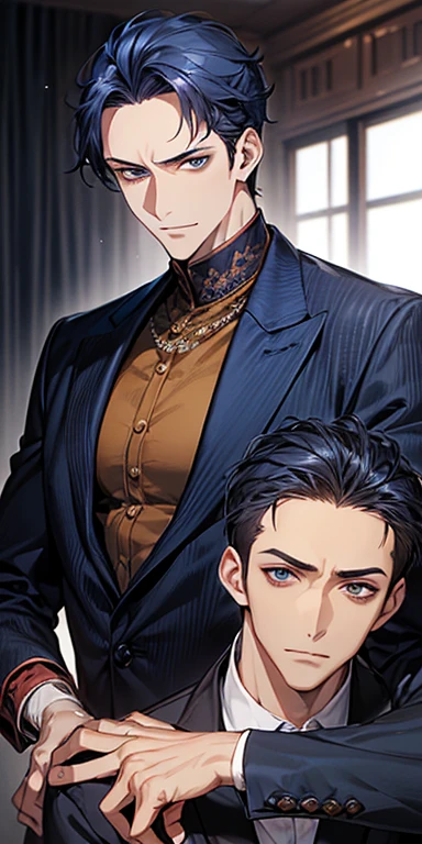 ((masutepiece)), ((Best Quality)), ((Brown skin)), ((dark blue eyes)), ((Dark blue hair))、Handsome man , ((very short hair、No bangs、Forehead)), masculine、Tall、A sexy、Adult man、Sanpaku eyes、smirk、suits、handsome man、Kowamote、firmly、well-muscled、broad shoulders