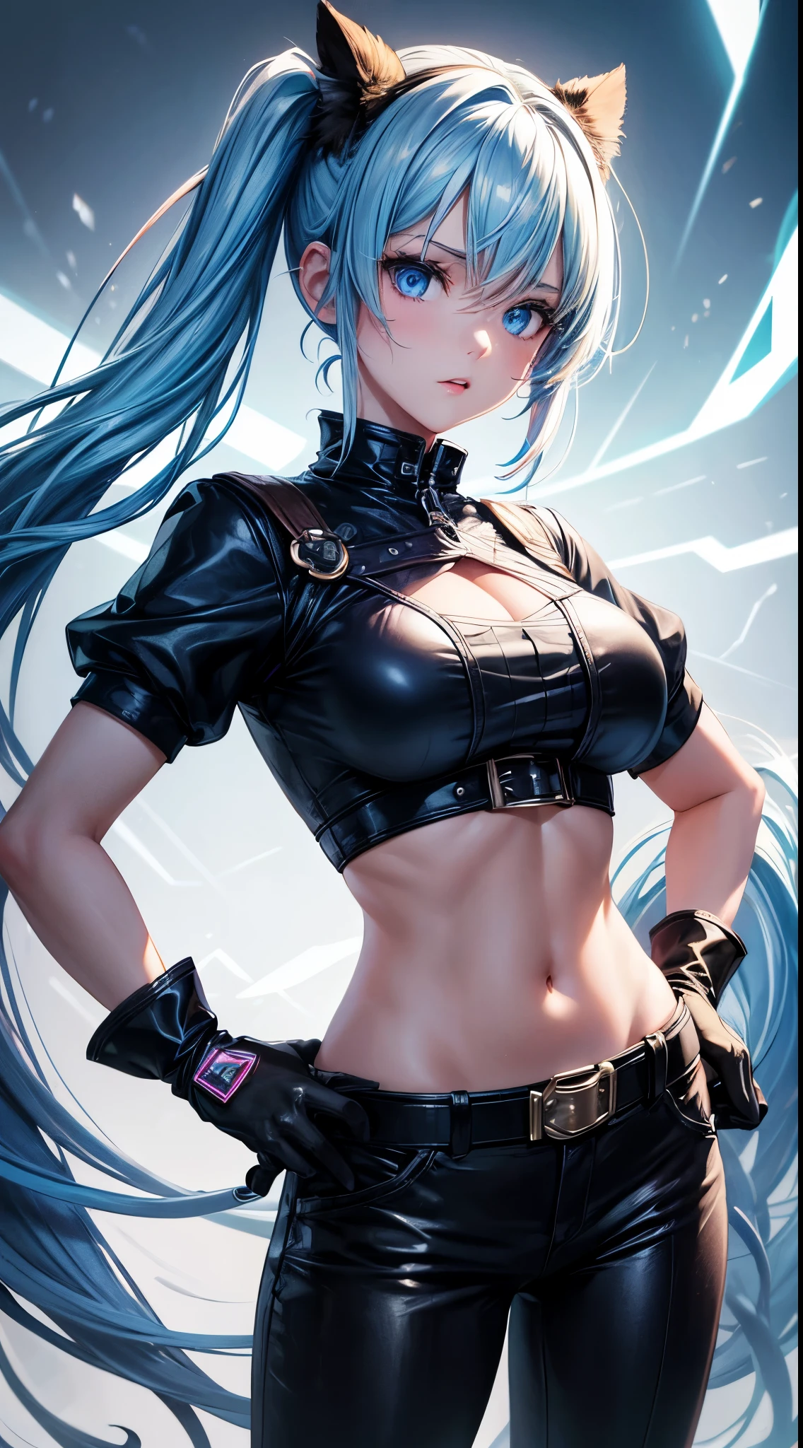 (best quality, highres:1.2), 1girl, beautiful detailed eyes, beautiful detailed lips, extremely detailed eyes and face, (detailed hand 3.0), long eyelashes, medium:oil painting, vivid colors, HDR, studio lighting, ultra-fine painting, sharp focus, physically-based rendering, extreme detail , curvy body, big breasts, perfect shape, showing armpit, facing viewer, sweaty, gorgeous, arms up, ((sleeveless latex bodysuit))