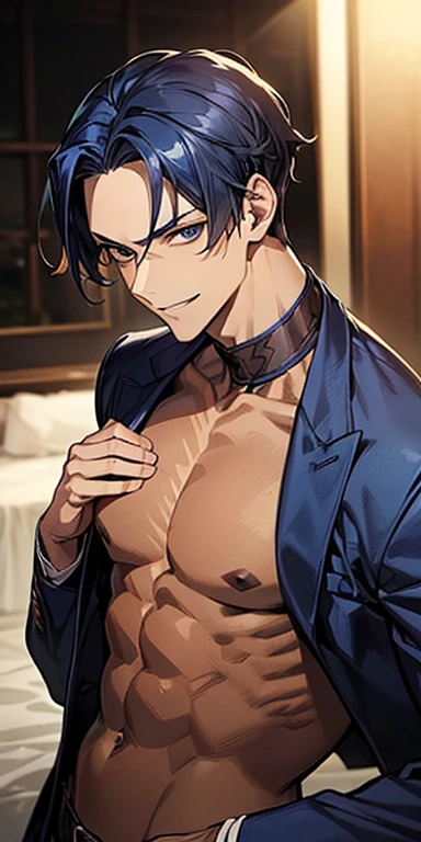 ((masutepiece)), ((Best Quality)), ((Brown skin)), ((dark blue eyes)), ((Dark blue hair))、Handsome man , ((very short hair、No bangs、Forehead)), masculine、Tall、A sexy、Adult man、Sanpaku eyes、smirk、suits、handsome man、Kowamote、firmly、well-muscled、broad shoulders