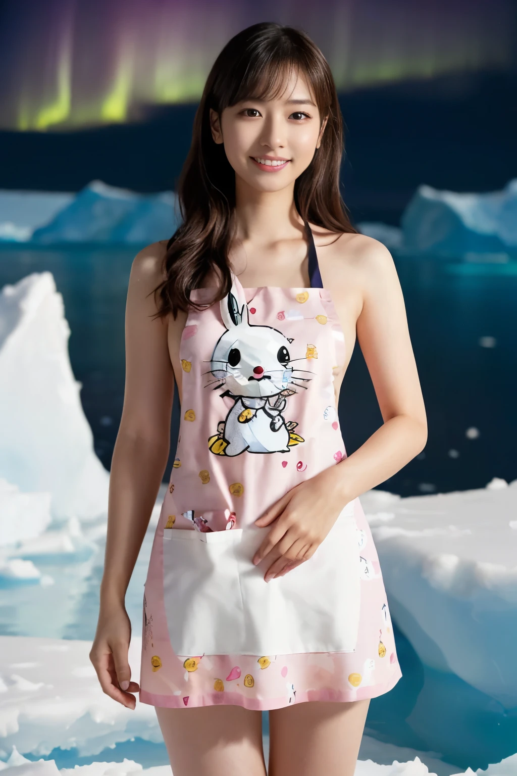 ((masutepiece:1.4, Best Quality)), (photos realistic:1.4), ((1girl in)),
(超A high resolution:1.2), Extremely delicate and beautiful, amazing, tome'It's okay, the Extremely Detailed CG Unity 8K Wallpapers, Ultra-detailed, High resolution, Soft light,
Beautiful detailed girl, extremely detailed eye and face, beautiful detailed nose, Beautiful detailed eyes,
(Down coat), (She is naked and wearing a strawberry print apron:1.4), (Please open your coat and show me your apron.:1.5), Lustrous black hair, Taut,
Cinematic lighting, Perfect Anatomy,
Slender body, (Standing in front of an iceberg in Antarctica at night:1.3), (Aurora Borealis in the Night Sky:1.3), Cute poses, Cowboy Shot