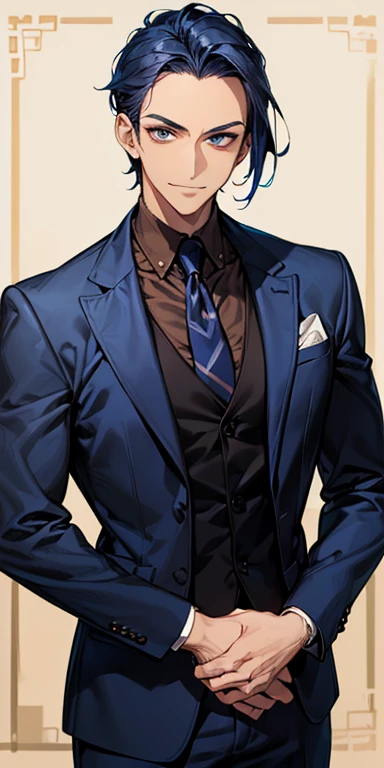 ((masutepiece)), ((Best Quality)), ((Brown skin)), ((dark blue eyes)), ((Dark blue hair))、Handsome man , ((very short hair、No bangs、Forehead)), masculine、Tall、A sexy、Adult man、Sanpaku eyes、smirk、suits、handsome man、Kowamote、firmly、well-muscled、broad shoulders、Alathur