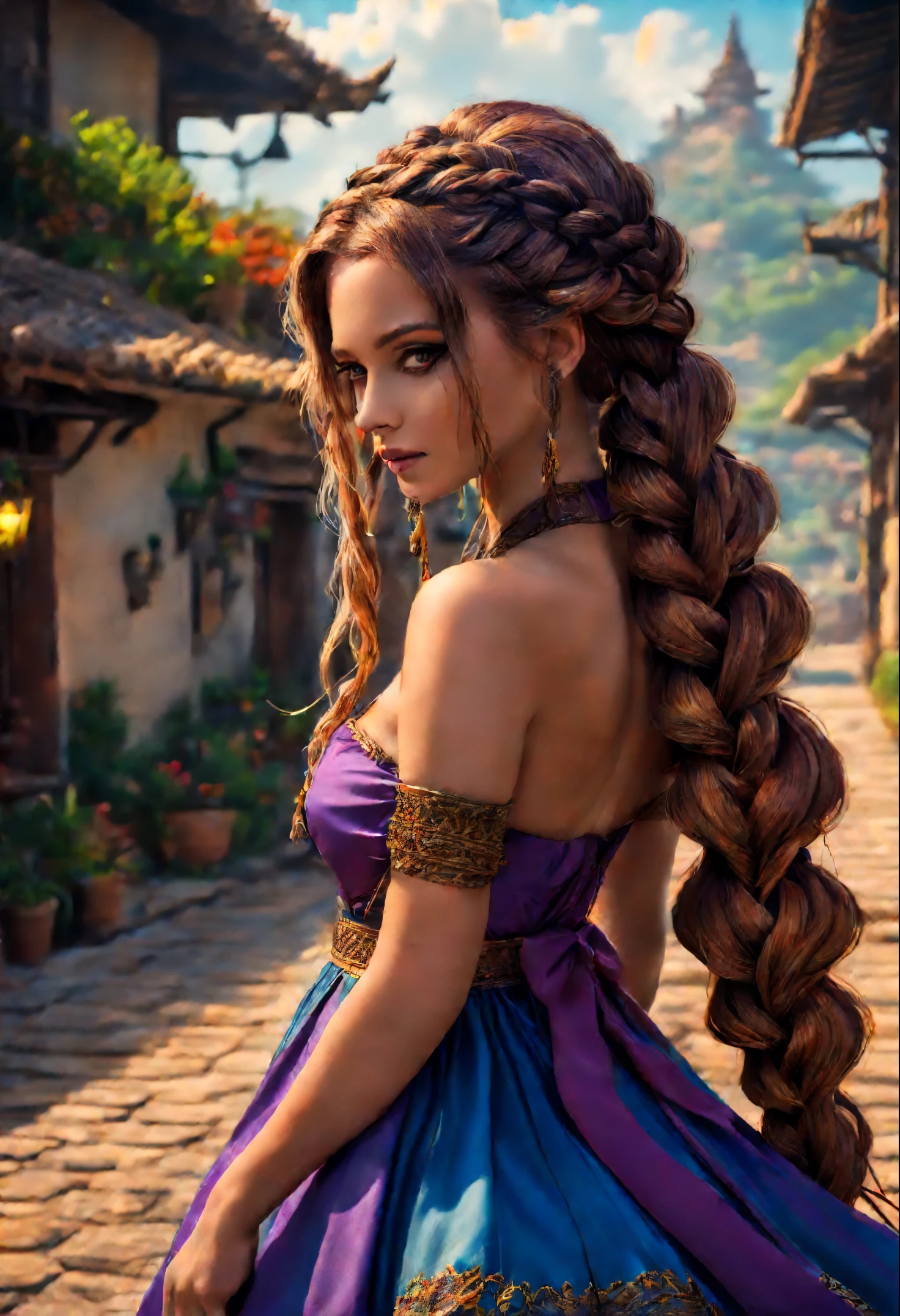 cinematic fantasy, master piece, melhor qualidade, super detalhado, Beautiful girl, vivid colors, long and voluminous hair with braids, espadachim, vento forte, lindo vestido
