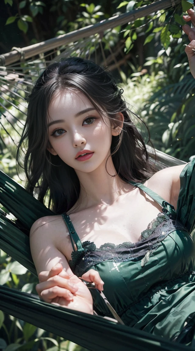 ((Master masterpiece, the best picture quality, realistic to stunning)), (realism 1.4), (((a breathtaking beautiful hot girl laying on a cloud))), superb figure, black long messy hair, delicate facial features, long skirt in ancient costume, sensual photo pose, vivid angle, depicting her lying gently in a cloud, surrounded by fireflies and glowing butterflies, extremely detailed details, immersion in it, full body photo shoot.