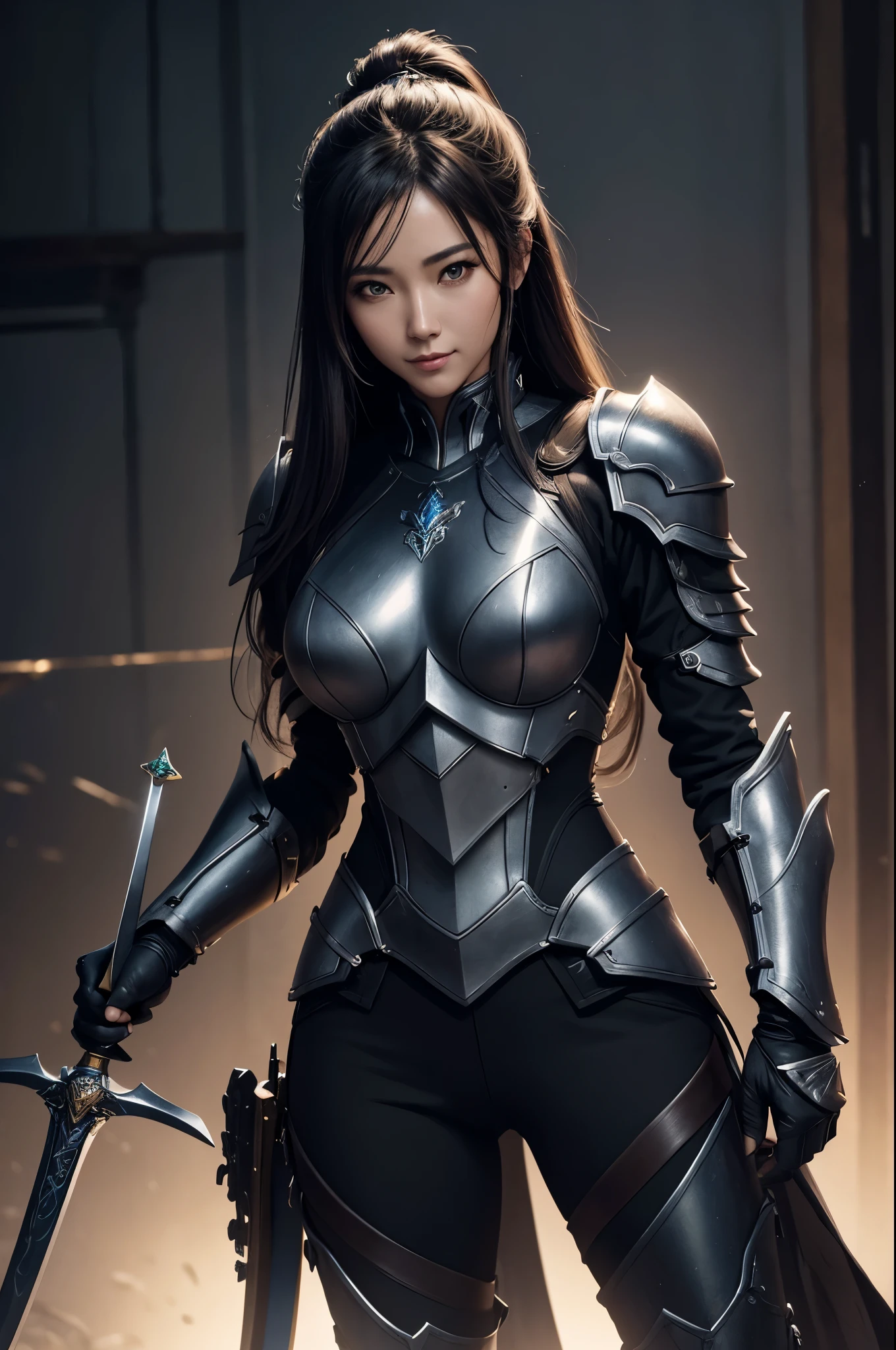 8k,Arafe woman in armor holding a sword, Gorgeous Female Paladin, チェンウェイ パン オン art stations, artgerm julie bell beeple, cinematic goddess body shot, art stationsのトレンド, アレクサンドラ・フォミナ・art stations, A sexyな金髪モヒカンヘアの戦士, art stationsHDでトレンド, art stations,超A high resolution,A hyper-realistic,A sexyな黒との胸鎧,pants with black,Rugged look(Like the real thing),A hyper-realisticな肌,Precise sword details,A sexy,A seductive smile,