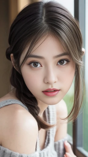 (8K, Raw photography, top-quality, masterpiece: 1.2), masterpiece, Super Detail, 超A high resolution, (Realistic and realistic photos: 1.37), high-definition RAW color photography, extremely delicate and beautiful, ighly detailed, 8K Wallpaper, astonishing, detaileds, extremely detailed eye, highlydetailed skin, extremely detailed fingers, highly detailed nose, highly detail mouth, perfect anatomia,1girl in, Off Shoulder Mini Sweater Dress,Colossal tits、 Blurry, Blurry background, Blurred foreground, blush, braid, depth of fields, eyebrows visible through hair, hair between eye, Indoors, Short hair, crouching down, Solo, window, sideways Facing、full body Esbian、乃木坂アイドル、韓国アイドル、hposing Gravure Idol、女優、25-years old、tall、cafes、resturant、Italy、Americans、Australia,韓国アイドル、乃木坂アイドル、女優、hposing Gravure Idol、