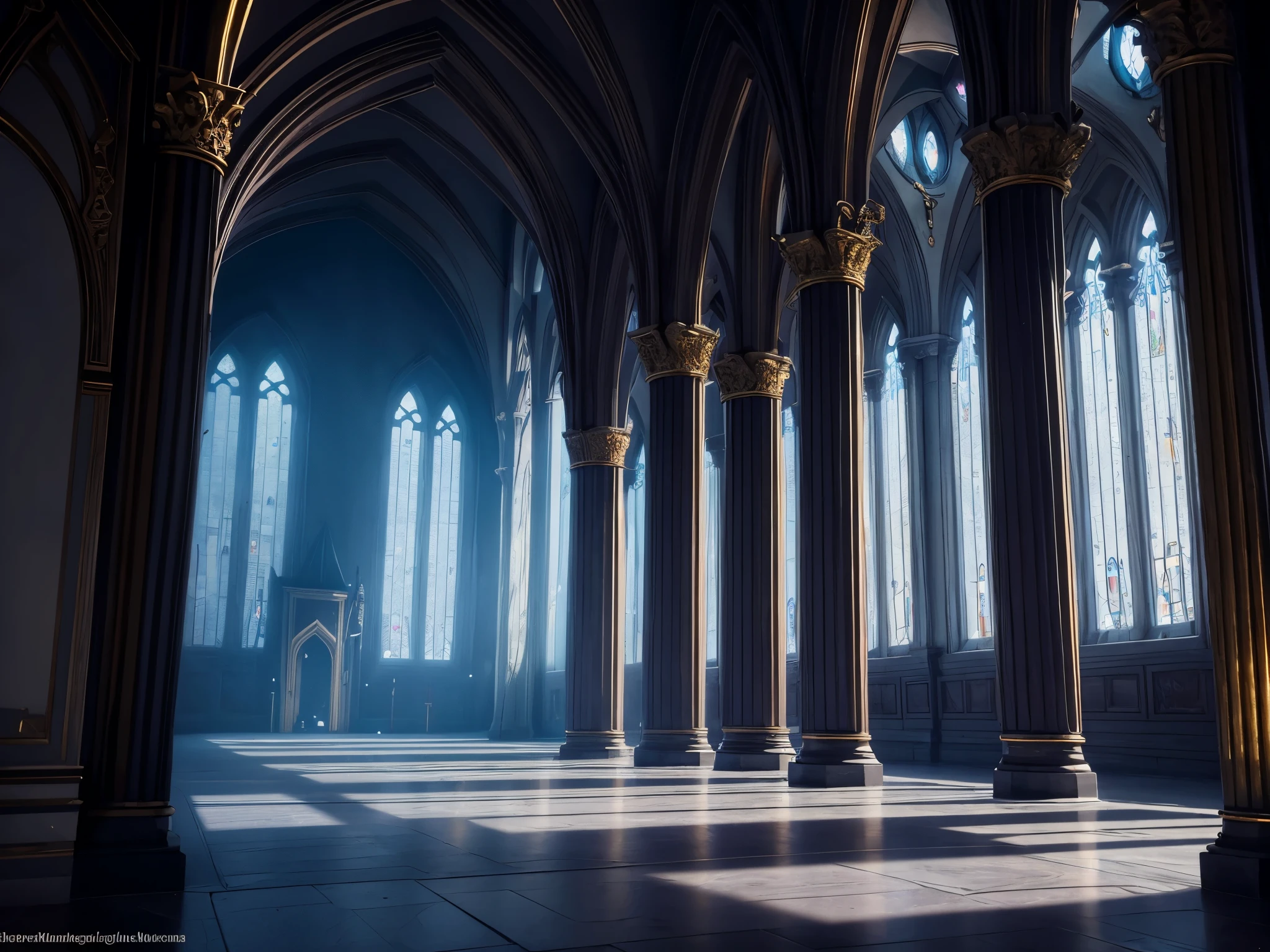 Create an interior scene of a mystical tower for a front-view battle in an RPG. The scene should showcase the inside of a grand tower, with high ceilings and large, arched windows allowing light to stream in. The walls should be adorned with ancient tapestries, magical symbols, and glowing sconces. Include elements like a grand staircase or a balcony overlooking the interior, and perhaps mysterious artifacts or magical apparatuses scattered around. The atmosphere should be mysterious and enchanting, with a color palette that includes deep blues, purples, and subtle gold accents, reflecting the tower's arcane nature. The lighting should be atmospheric, with shadows and highlights that add depth and a sense of mystery to the scene