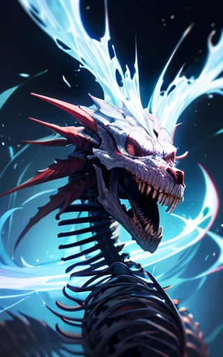 "Describes in detail the head of a skeletal dragon: sus ojos brillantes como ascuas incandescentes en medio de cuencas profundas, the sharp teeth that protrude from his jaw, frente de su cara garras enormes y afiladas que parecen listas para desgarrar, todo esto en una cabeza majestuosa pero sin cuerpo, emanating an aura of mystery and antiquity."