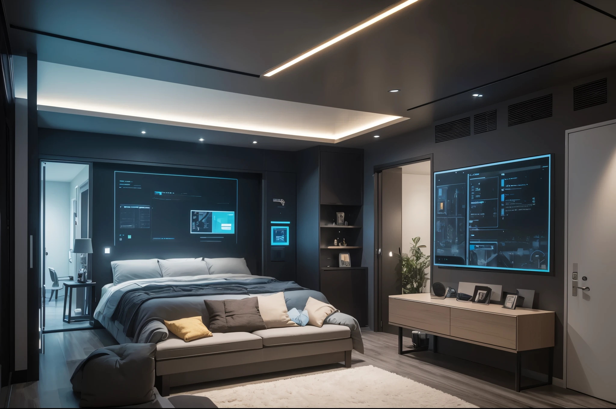 Create a scene photograph of the integration of artificial intelligence in a modern smart home. Showcase a family enjoying a seamlessly automated environment where AI systems control lighting, temperature, and security. Use a blend of realistic interiors and futuristic elements to convey the convenience and comfort brought about by AI-driven smart home technology.
