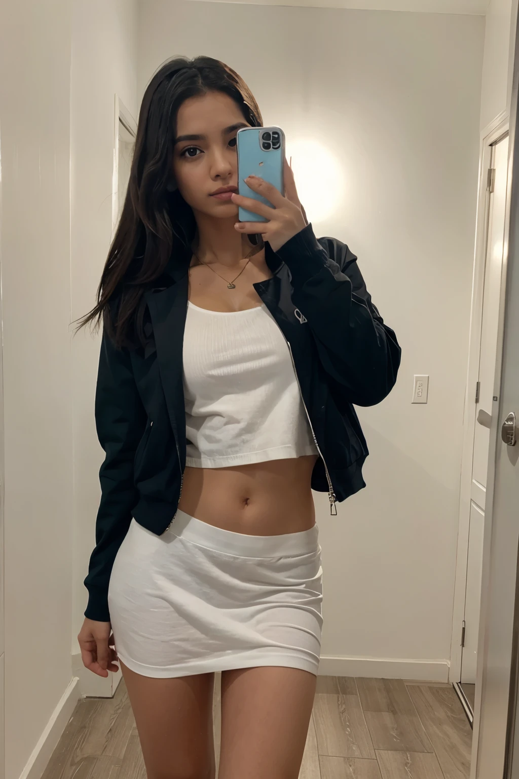 ((best quality)),((masterpiece)),((strikingly beautiful)), mature, 1girl, solo, high quality, masterpiece, skinny, rainbow colored polyester jacket, rainbow colored split skirt, long skirt, emo, black hair, long spiky hair, bathroom, huge breasts, shirtless
