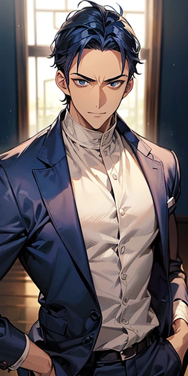 ((masutepiece)), ((Best Quality)), ((Brown skin)), ((dark blue eyes)), ((Dark blue hair))、Handsome man , ((very short hair、No bangs、Forehead)), masculine、Tall、A sexy、Adult man、Sanpaku eyes、smirk、suits、handsome man、Kowamote、firmly、well-muscled、broad shoulders