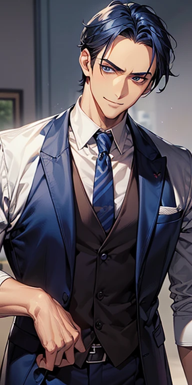 ((masutepiece)), ((Best Quality)), ((Brown skin)), ((dark blue eyes)), ((Dark blue hair))、Handsome man , ((very short hair、No bangs、Forehead)), masculine、Tall、A sexy、Adult man、Sanpaku eyes、smirk、suits、handsome man、Kowamote、firmly、well-muscled、broad shoulders