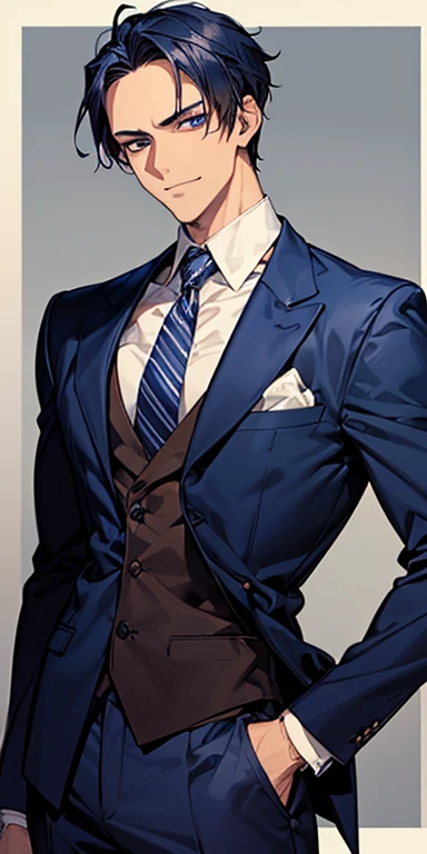 ((masutepiece)), ((Best Quality)), ((Brown skin)), ((dark blue eyes)), ((Dark blue hair))、Handsome man , ((very short hair、No bangs、Forehead)), masculine、Tall、A sexy、Adult man、Sanpaku eyes、smirk、suits、handsome man、Kowamote、firmly、well-muscled、broad shoulders