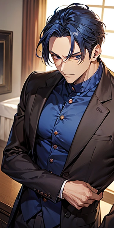 ((masutepiece)), ((Best Quality)), ((Brown skin)), ((dark blue eyes)), ((Dark blue hair))、Handsome man , ((very short hair、No bangs、Forehead)), masculine、Tall、A sexy、Adult man、Sanpaku eyes、smirk、suits、handsome man、Kowamote、firmly、well-muscled、broad shoulders