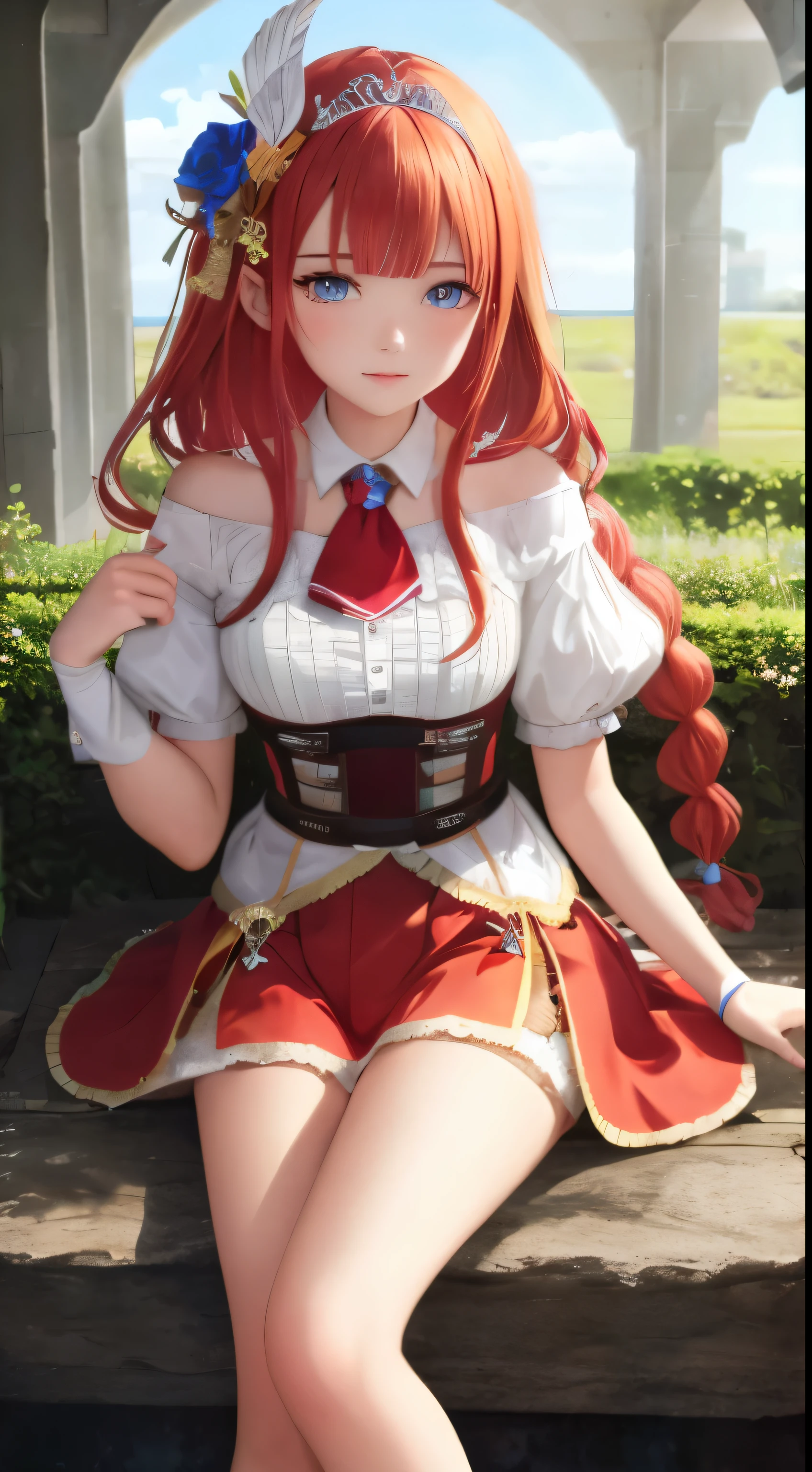 pecorine, pecorine, blue eyes, hair ornament, long hair, orange hair, tiara, braid, hair braid, BREAK arm belt, armor, ascot, blue socks, boots, dress, gloves, hair ornament, open clothes, open dress, pauldrons, pleated skirt, puffy short sleeves, puffy sleeves, red ascot, red skirt, short sleeves, shoulder armor, single pauldron, skirt, socks, white dress, white footwear, white gloves, BREAK looking at viewer, full body, BREAK outdoors, BREAK (masterpiece:1.2), best quality, high resolution, unity 8k wallpaper, (illustration:0.8), (beautiful detailed eyes:1.6), extremely detailed face, perfect lighting, extremely detailed CG, (perfect hands, perfect anatomy),