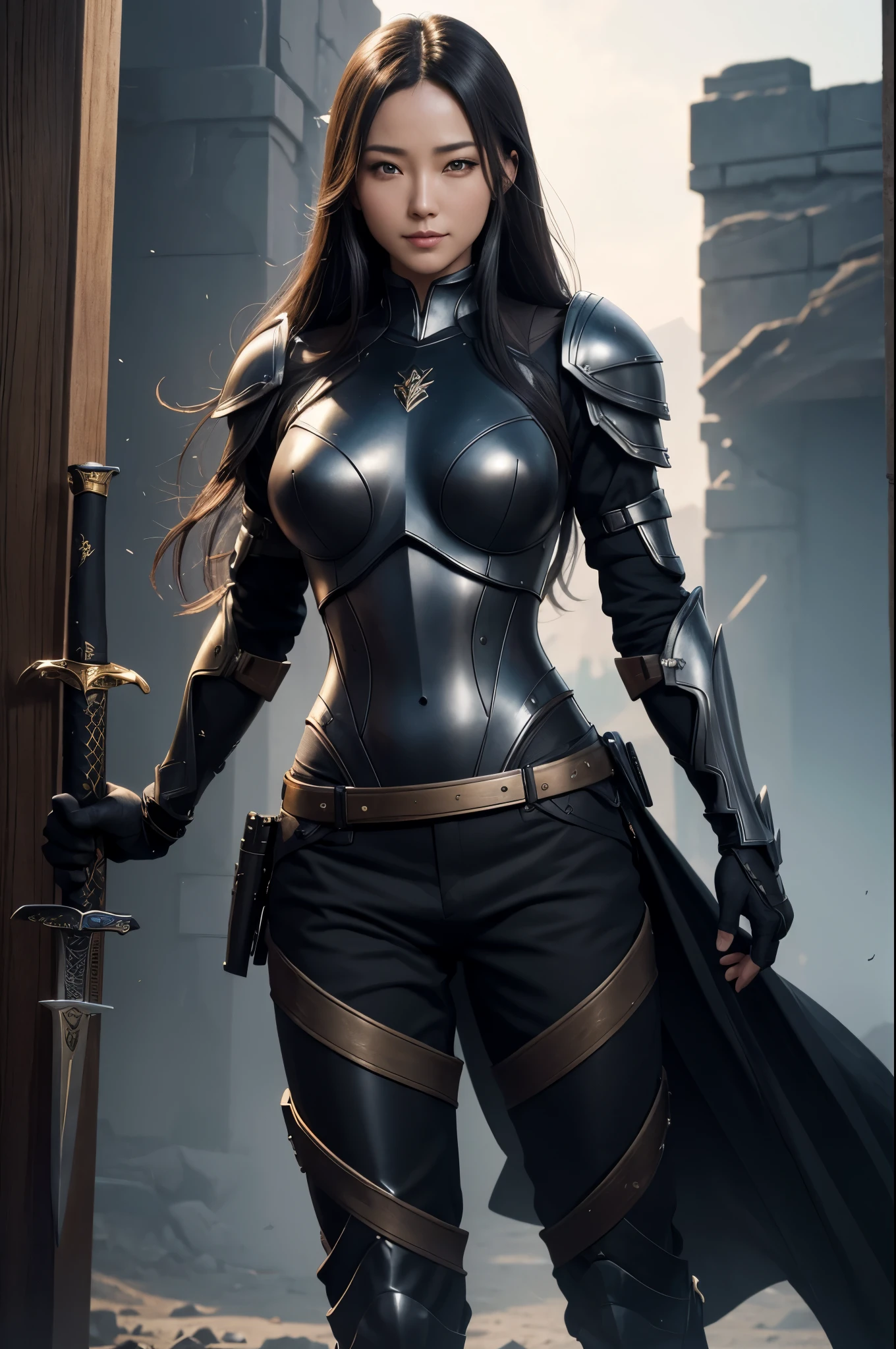 8k,Arafe woman in armor holding a sword, Gorgeous Female Paladin, チェンウェイ パン オン art  stations, artgerm julie bell beeple, cinematic goddess body shot, art  stationsのトレンド, アレクサンドラ・フォミナ・art  stations, A sexyな金髪ショートモヒカンヘアの戦士, art  stationsHDでトレンド, art  stations,超A high resolution,A hyper-realistic,A sexyな黒との胸鎧,pants with black,Rugged look(Like the real thing),A hyper-realisticな肌,Precise sword details,A sexy,A seductive smile,